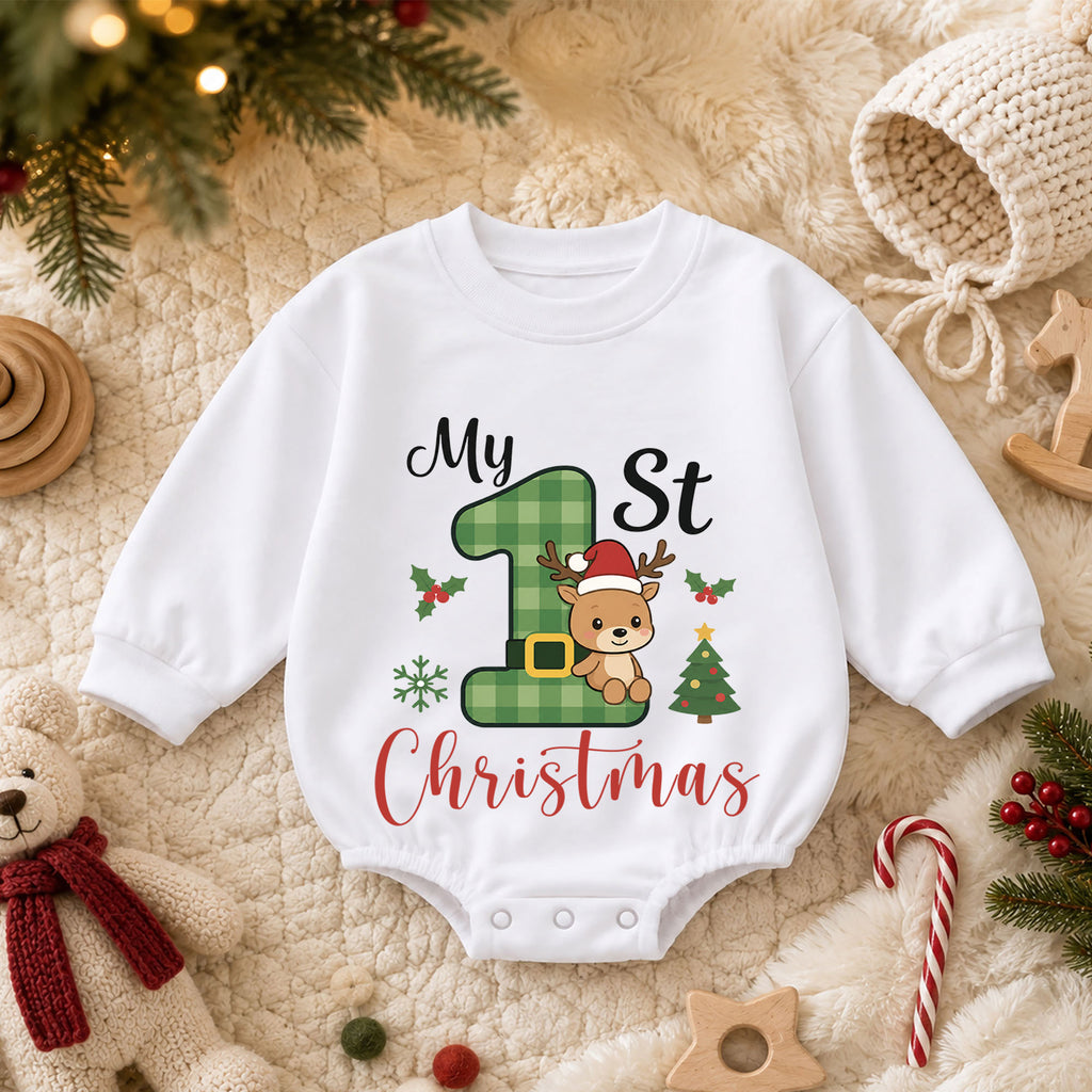My 1st Christmas Reindeer Baby Romper, Green Plaid Number One Romper, Baby First Christmas & 1st Birthday Outfit, Holiday Keepsake Gift — product view 3