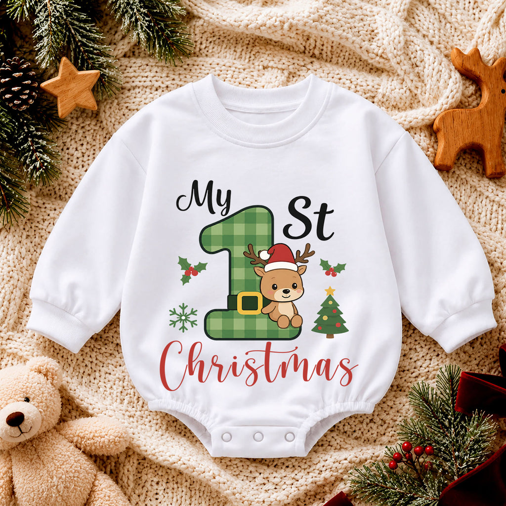 My 1st Christmas Reindeer Baby Romper, Green Plaid Number One Romper, Baby First Christmas & 1st Birthday Outfit, Holiday Keepsake Gift — product view 4