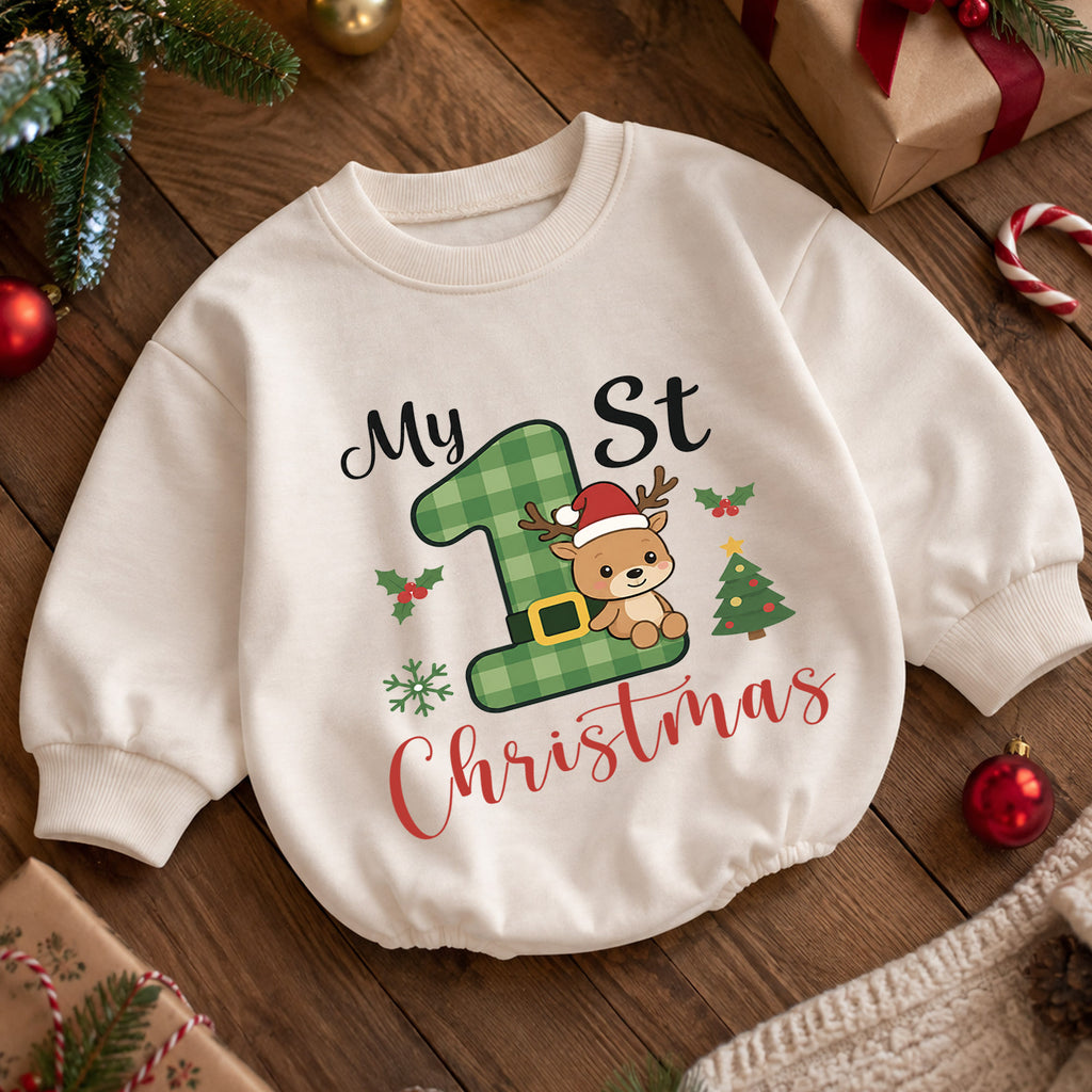 My 1st Christmas Reindeer Baby Romper, Green Plaid Number One Romper, Baby First Christmas & 1st Birthday Outfit, Holiday Keepsake Gift — product view 5