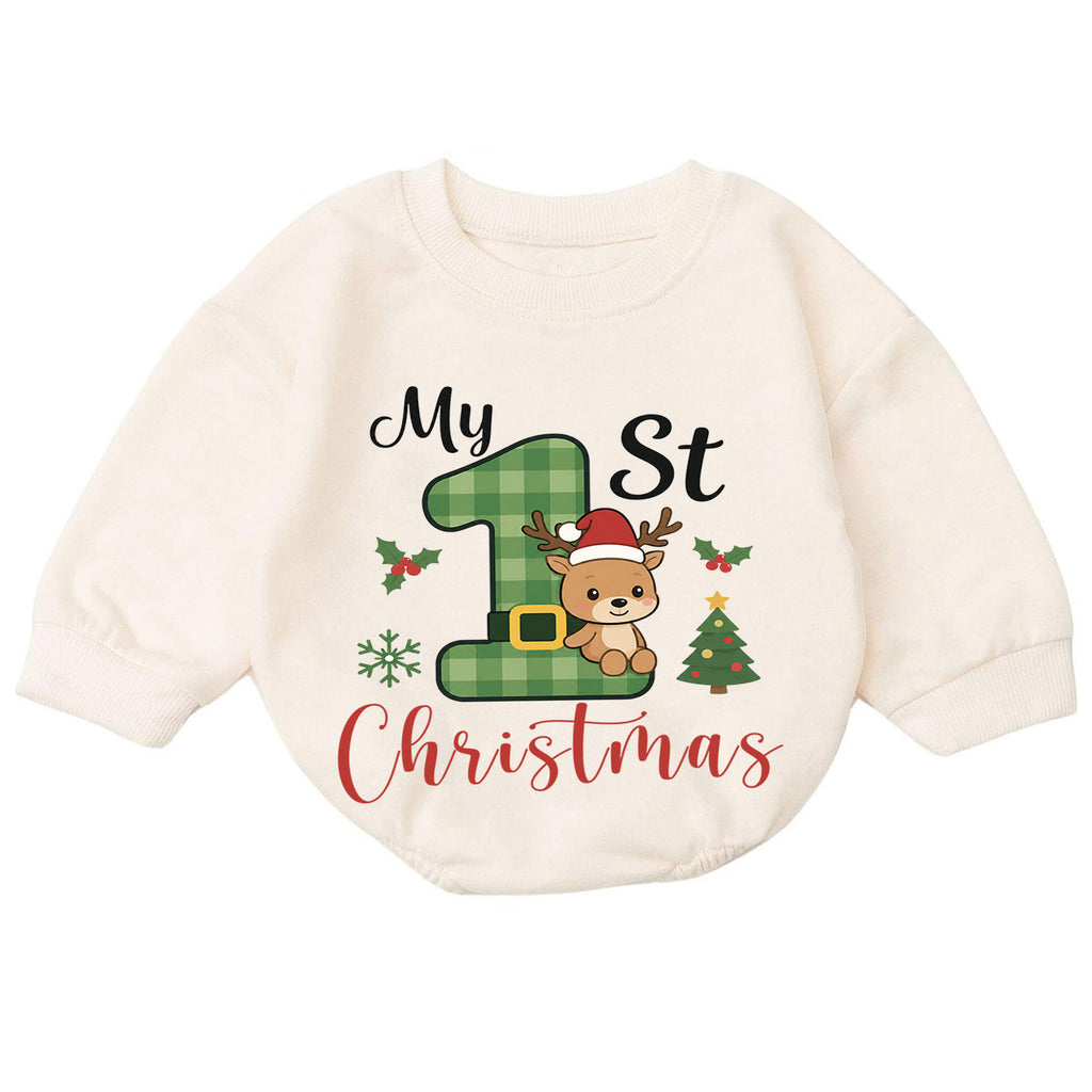 My 1st Christmas Reindeer Baby Romper, Green Plaid Number One Romper, Baby First Christmas & 1st Birthday Outfit, Holiday Keepsake Gift — product view 7