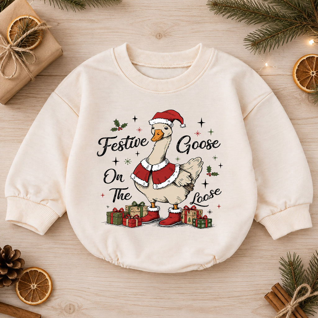Festive Goose on the Loose Baby Romper, Vintage Christmas Goose Outfit, Santa Goose Holiday Romper, Funny Toddler Xmas Gift — product view 1