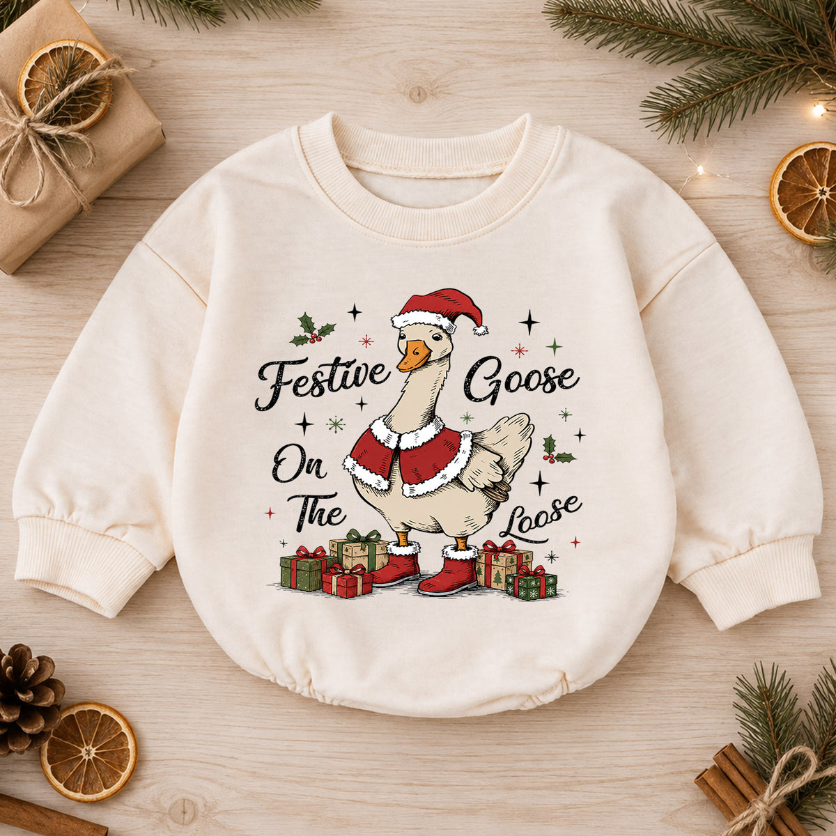 Festive Goose on the Loose Baby Romper, Vintage Christmas Goose Outfit, Santa Goose Holiday Romper, Funny Toddler Xmas Gift — product view 1