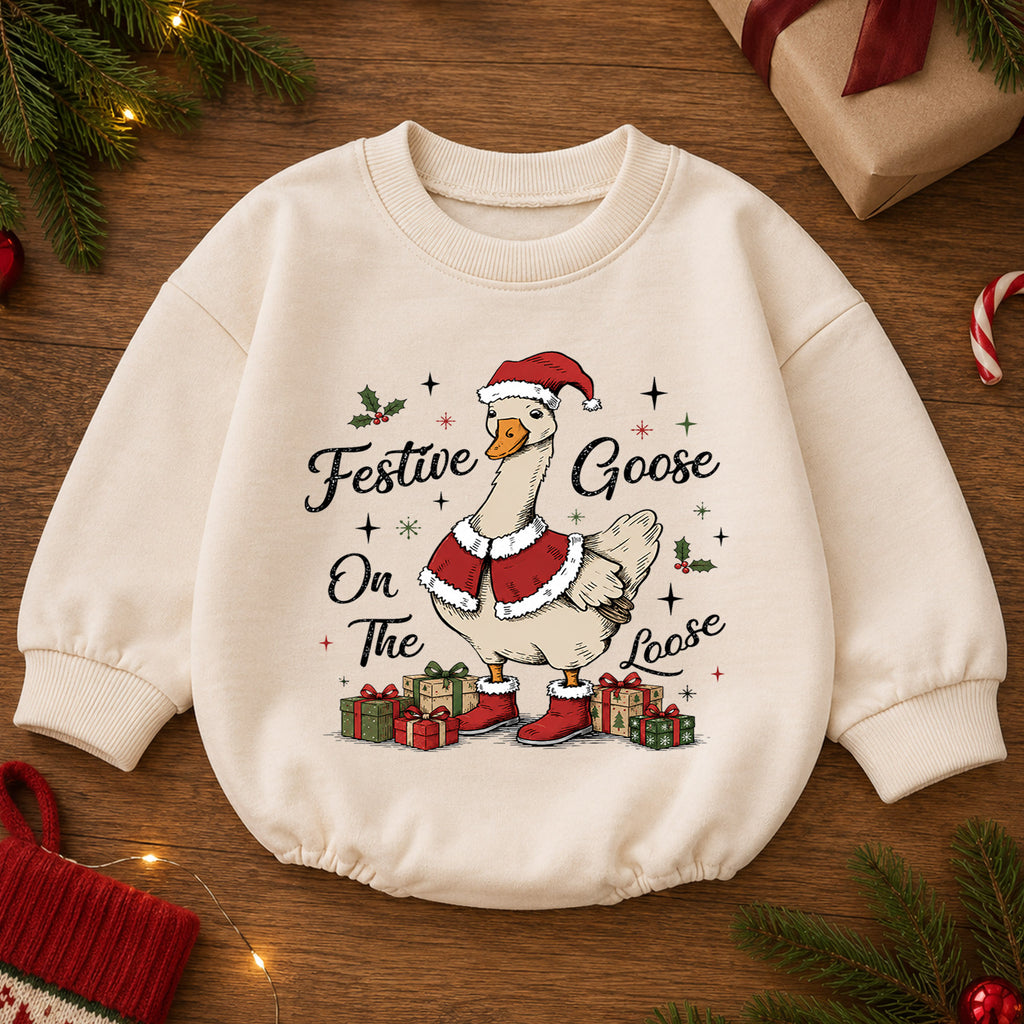 Festive Goose on the Loose Baby Romper, Vintage Christmas Goose Outfit, Santa Goose Holiday Romper, Funny Toddler Xmas Gift — product view 2