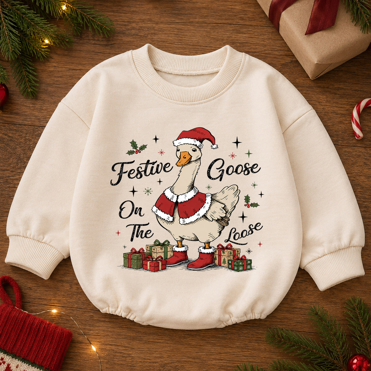 Festive Goose on the Loose Baby Romper, Vintage Christmas Goose Outfit, Santa Goose Holiday Romper, Funny Toddler Xmas Gift — product view 2