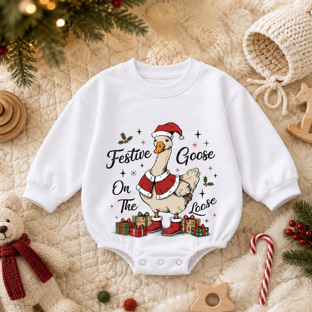 Festive Goose on the Loose Baby Romper, Vintage Christmas Goose Outfit, Santa Goose Holiday Romper, Funny Toddler Xmas Gift — product view 3