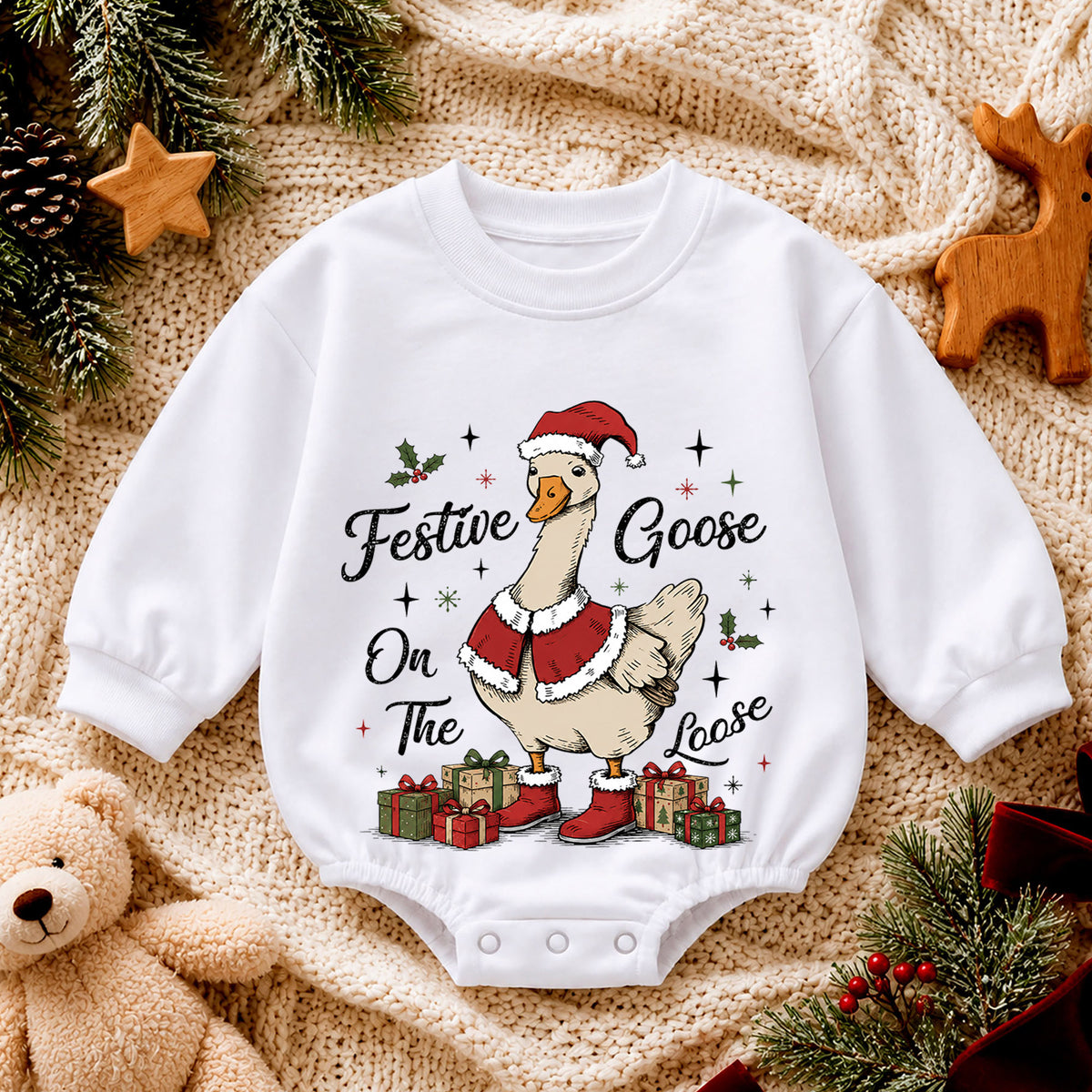 Festive Goose on the Loose Baby Romper, Vintage Christmas Goose Outfit, Santa Goose Holiday Romper, Funny Toddler Xmas Gift — product view 4