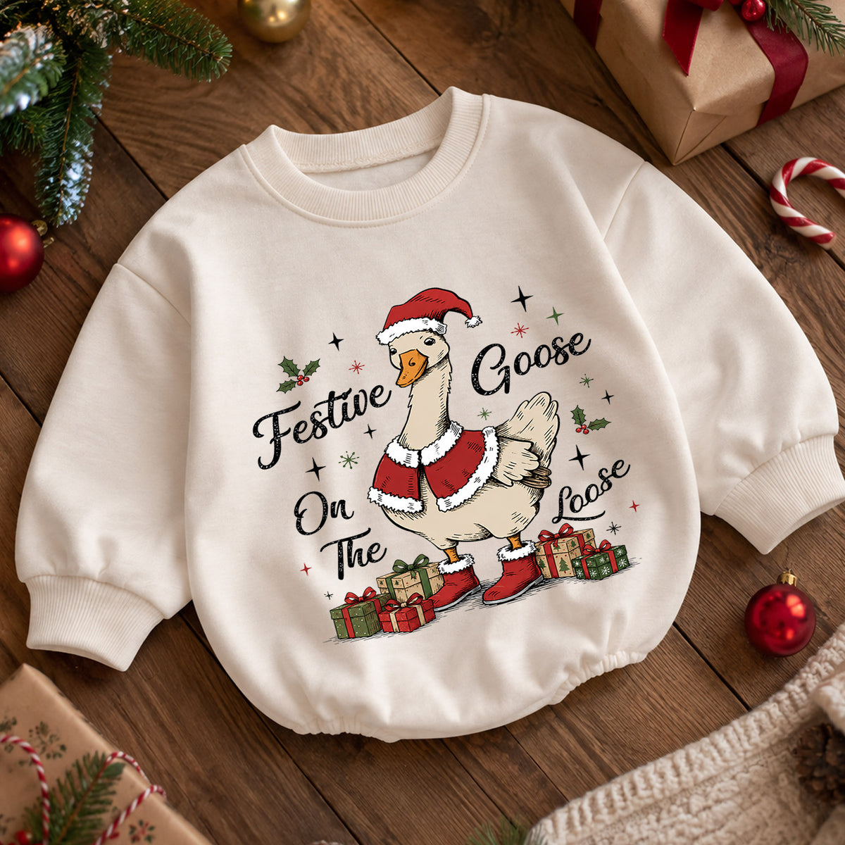 Festive Goose on the Loose Baby Romper, Vintage Christmas Goose Outfit, Santa Goose Holiday Romper, Funny Toddler Xmas Gift — product view 5