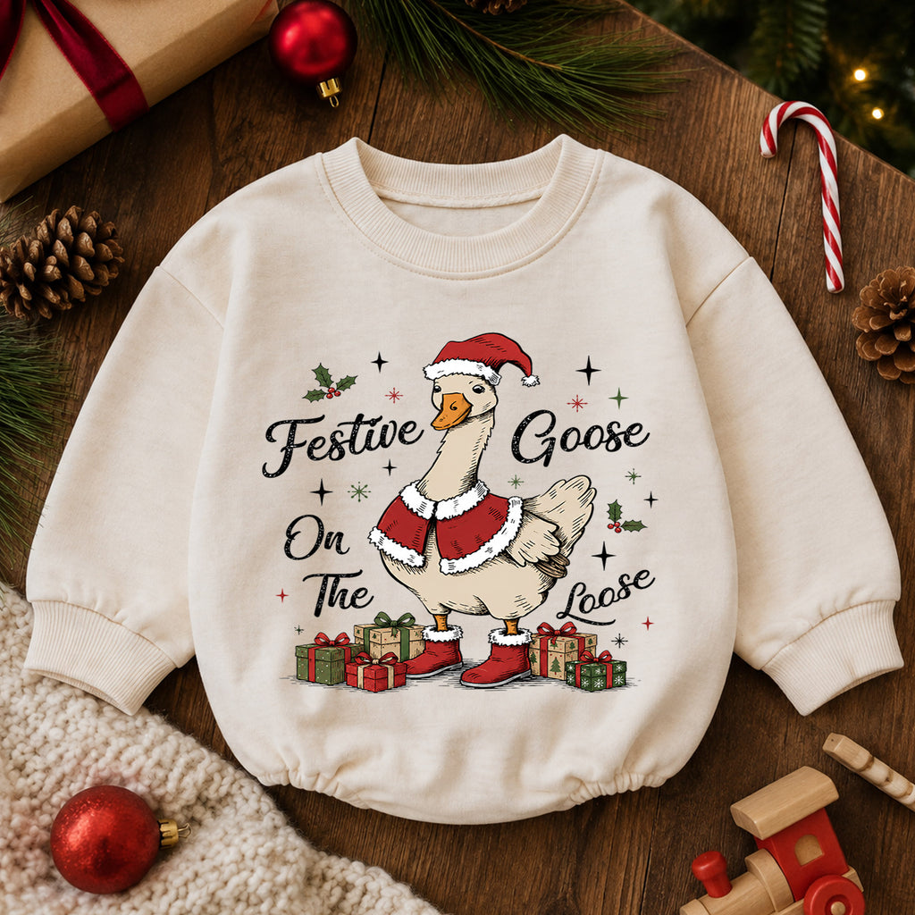 Festive Goose on the Loose Baby Romper, Vintage Christmas Goose Outfit, Santa Goose Holiday Romper, Funny Toddler Xmas Gift — product view 6