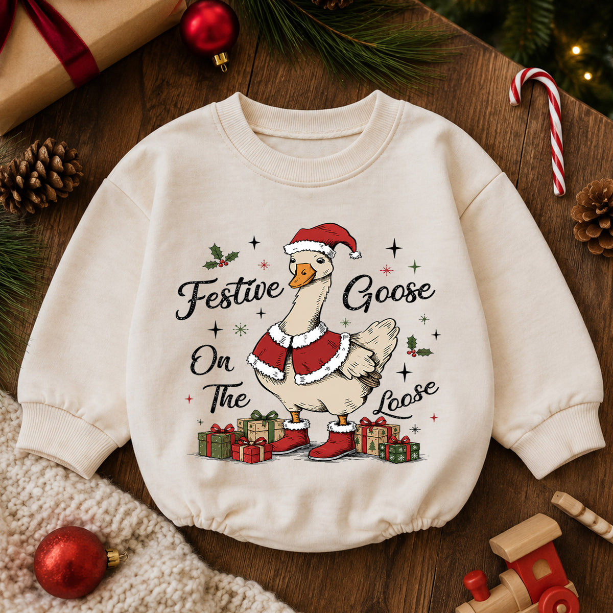 Festive Goose on the Loose Baby Romper, Vintage Christmas Goose Outfit, Santa Goose Holiday Romper, Funny Toddler Xmas Gift — product view 6