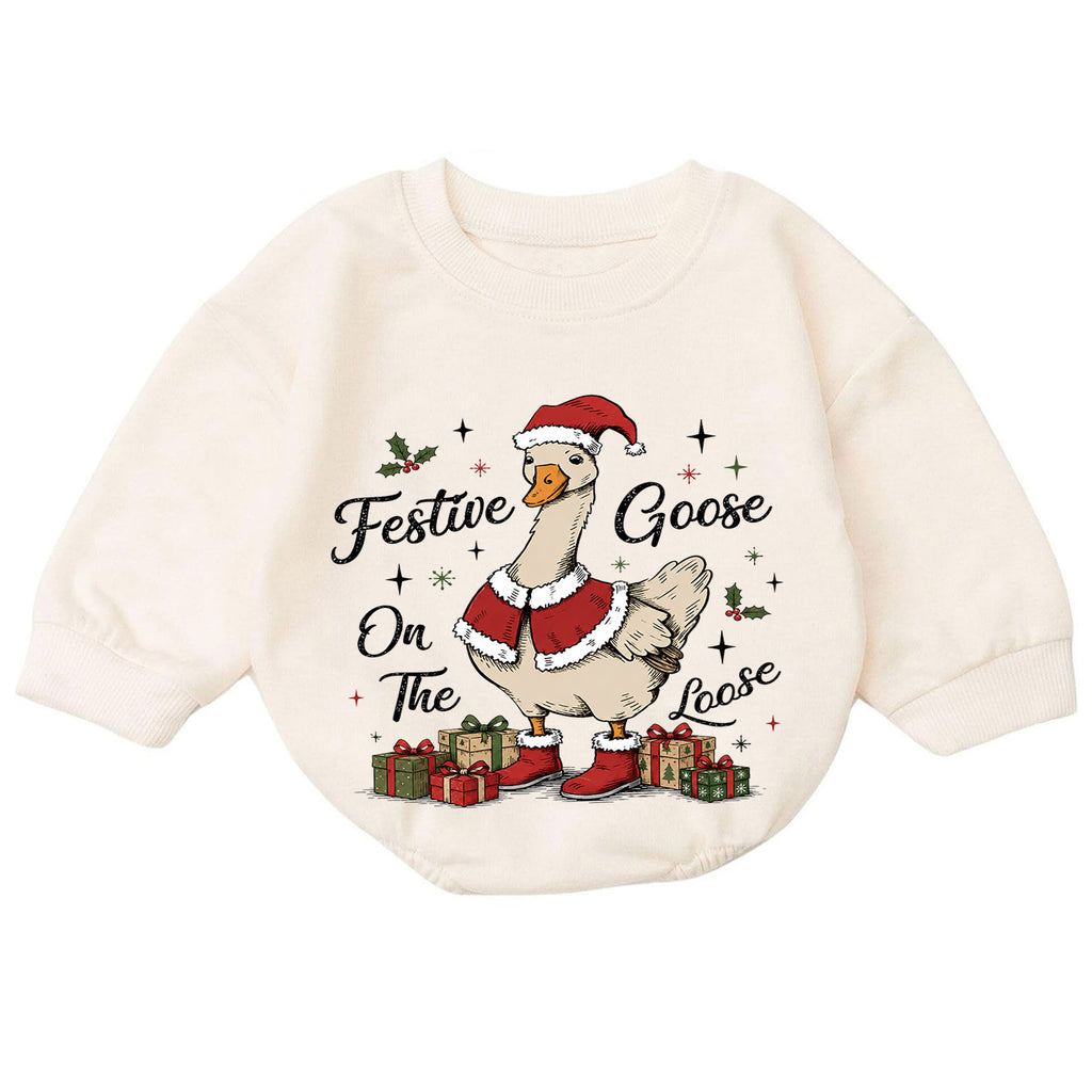 Festive Goose on the Loose Baby Romper, Vintage Christmas Goose Outfit, Santa Goose Holiday Romper, Funny Toddler Xmas Gift — product view 7