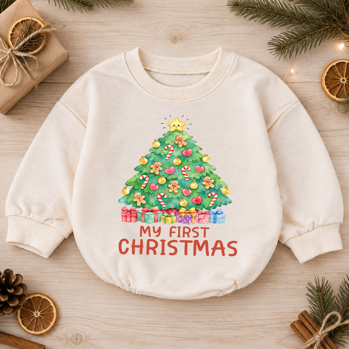 My First Christmas Tree Baby Romper, Gingerbread Holiday Outfit, Baby 1st Christmas Clothes, Toddler Xmas Gift — product view 1