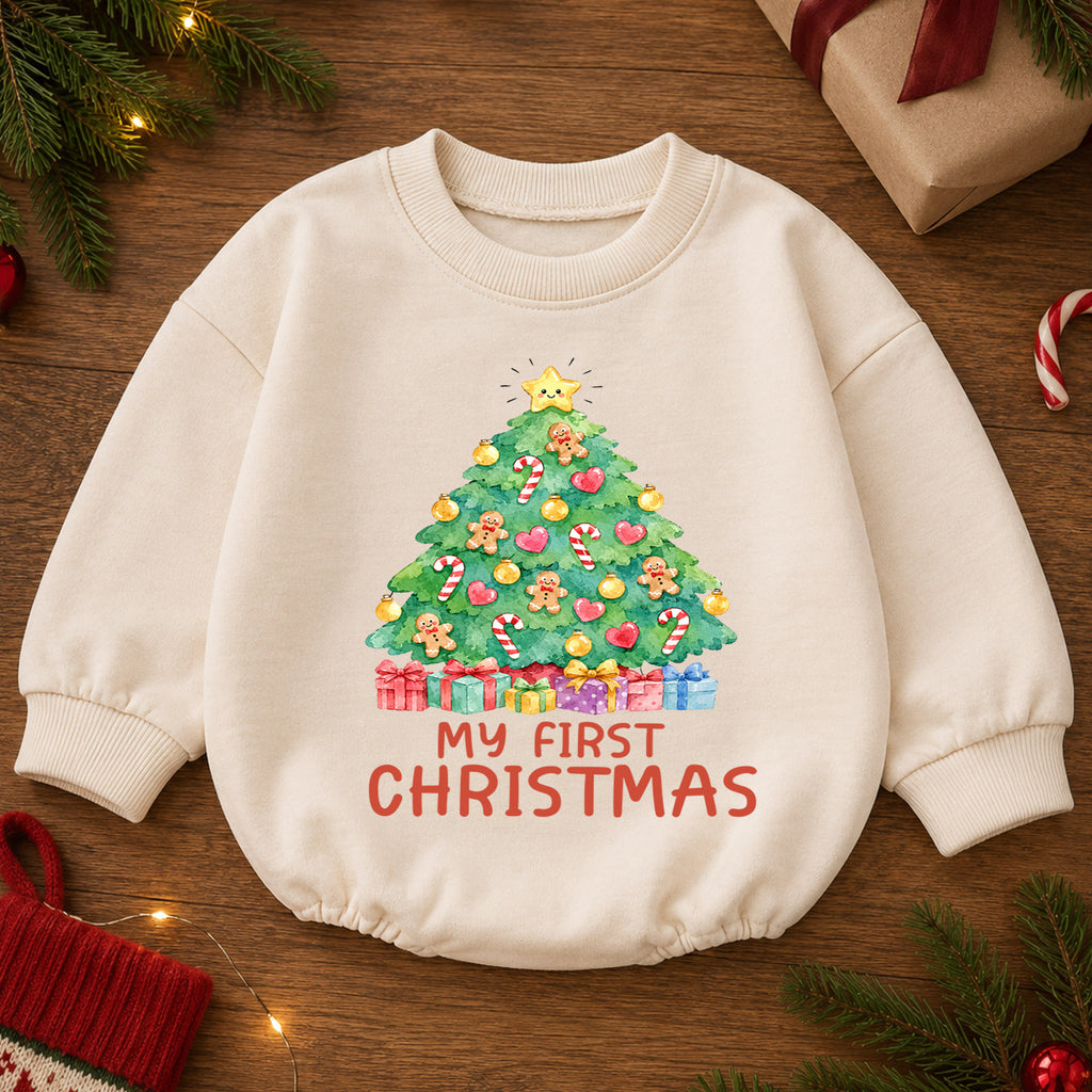 My First Christmas Tree Baby Romper, Gingerbread Holiday Outfit, Baby 1st Christmas Clothes, Toddler Xmas Gift — product view 2