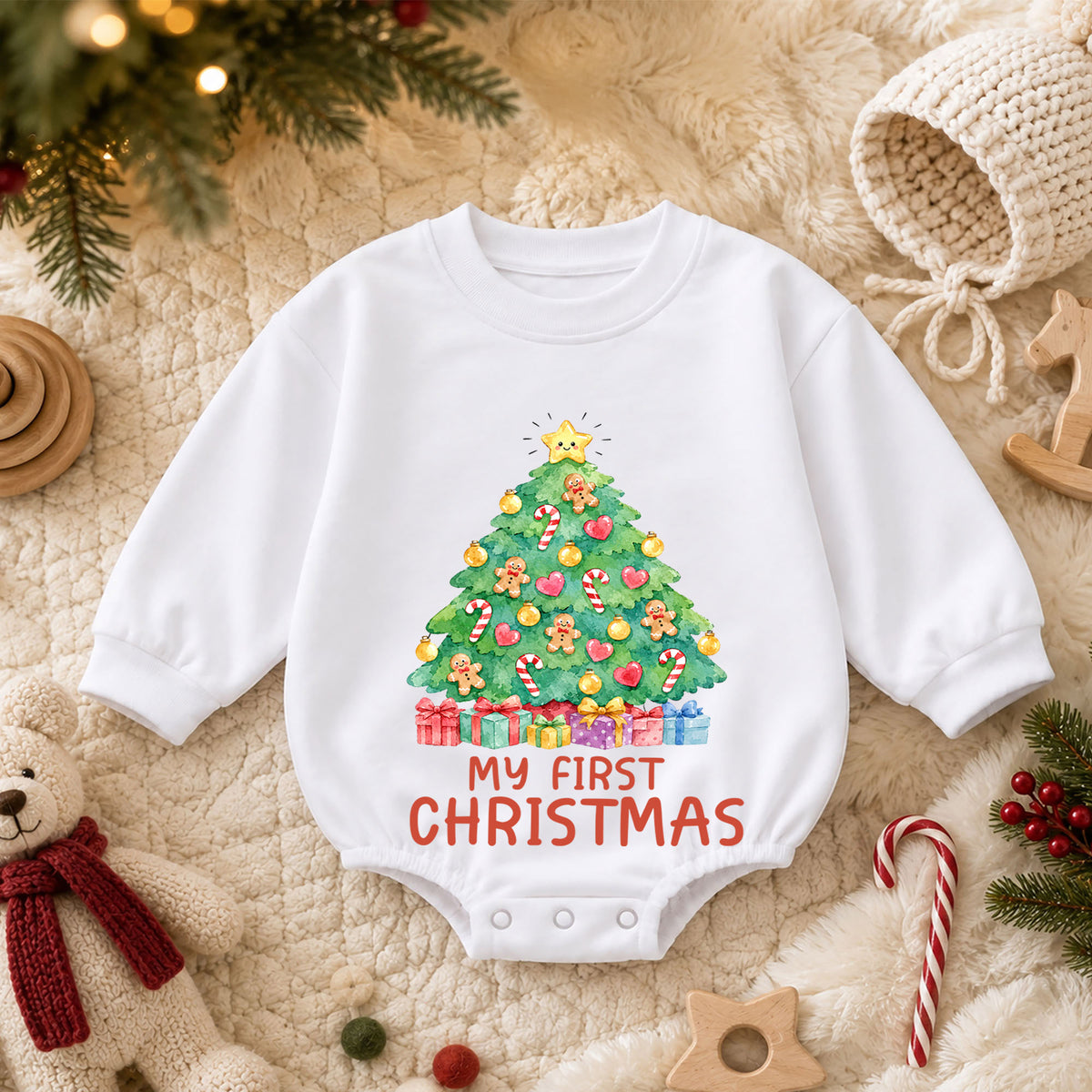 My First Christmas Tree Baby Romper, Gingerbread Holiday Outfit, Baby 1st Christmas Clothes, Toddler Xmas Gift — product view 3