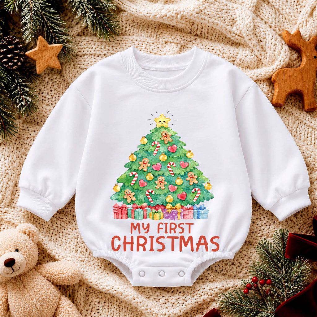 My First Christmas Tree Baby Romper, Gingerbread Holiday Outfit, Baby 1st Christmas Clothes, Toddler Xmas Gift — product view 4