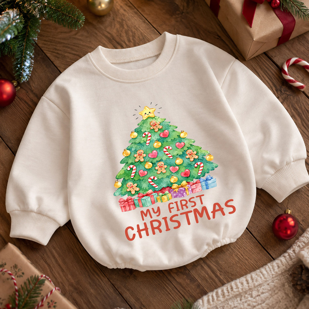 My First Christmas Tree Baby Romper, Gingerbread Holiday Outfit, Baby 1st Christmas Clothes, Toddler Xmas Gift — product view 5