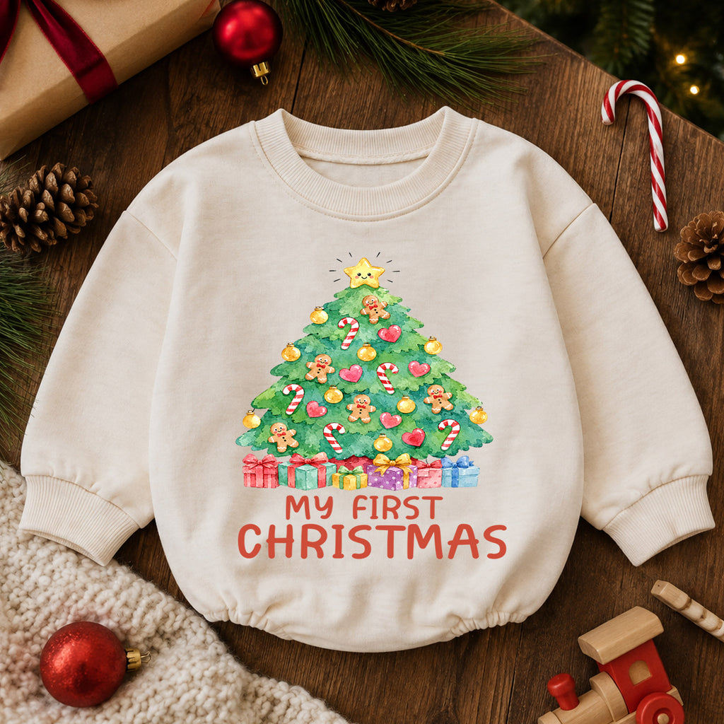 My First Christmas Tree Baby Romper, Gingerbread Holiday Outfit, Baby 1st Christmas Clothes, Toddler Xmas Gift — product view 6