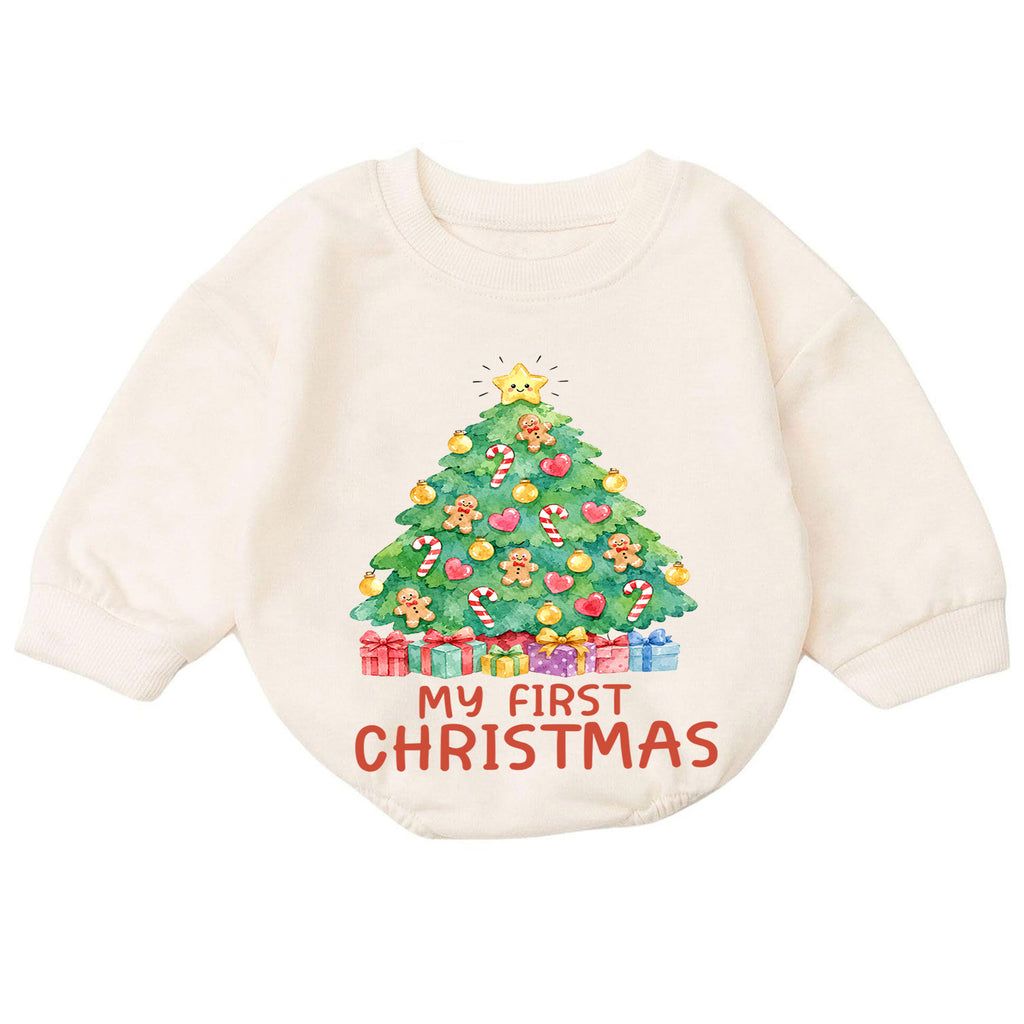 My First Christmas Tree Baby Romper, Gingerbread Holiday Outfit, Baby 1st Christmas Clothes, Toddler Xmas Gift — product view 7