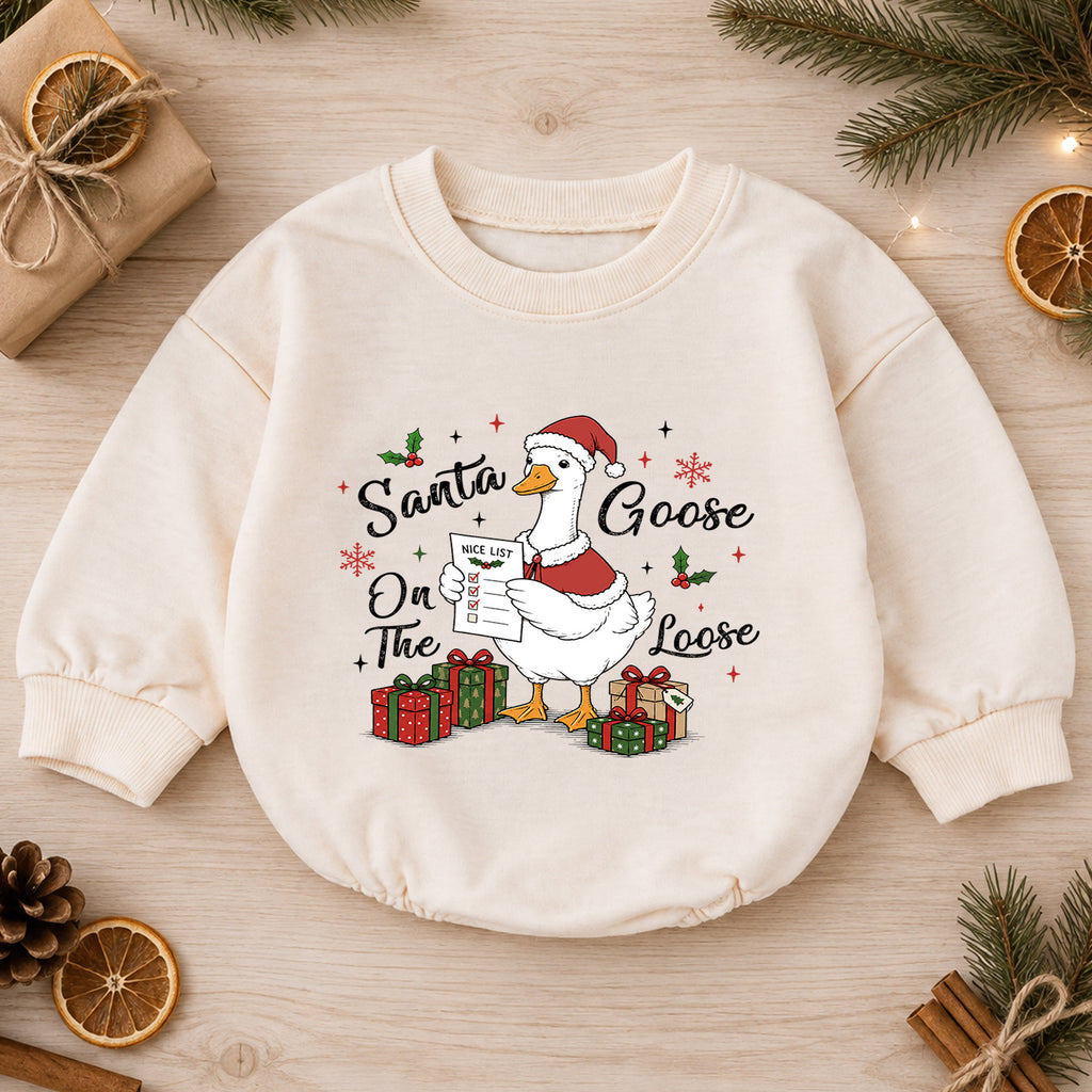 Santa Goose on the Loose Baby Romper, Funny Christmas Goose Outfit, Holiday Nice List Romper, Cute Toddler Goose Xmas Gift — product view 1