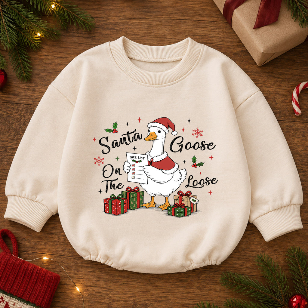 Santa Goose on the Loose Baby Romper, Funny Christmas Goose Outfit, Holiday Nice List Romper, Cute Toddler Goose Xmas Gift — product view 2