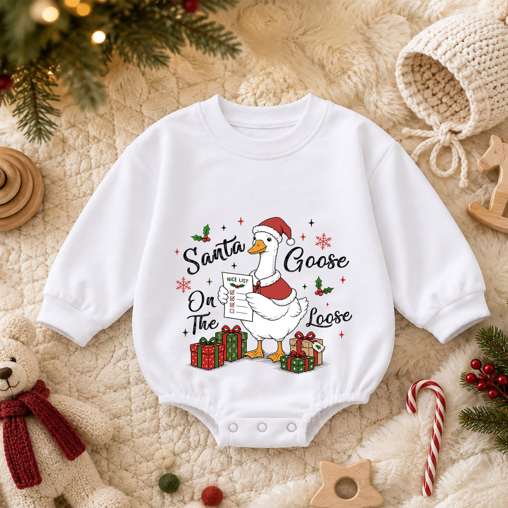 Santa Goose on the Loose Baby Romper, Funny Christmas Goose Outfit, Holiday Nice List Romper, Cute Toddler Goose Xmas Gift — product view 3