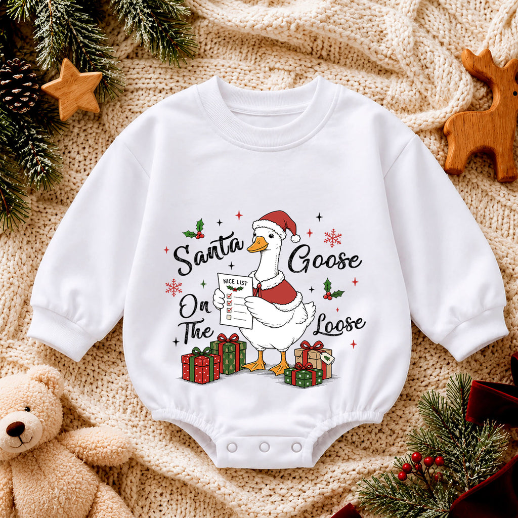 Santa Goose on the Loose Baby Romper, Funny Christmas Goose Outfit, Holiday Nice List Romper, Cute Toddler Goose Xmas Gift — product view 4