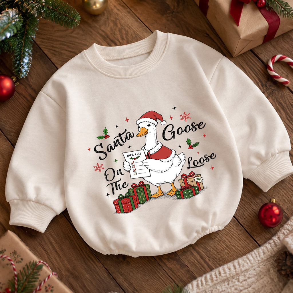 Santa Goose on the Loose Baby Romper, Funny Christmas Goose Outfit, Holiday Nice List Romper, Cute Toddler Goose Xmas Gift — product view 5