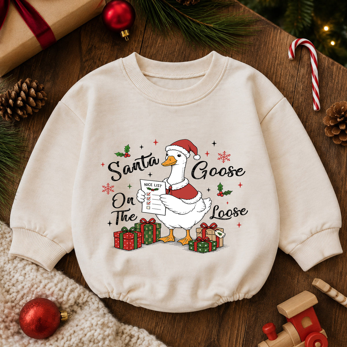 Santa Goose on the Loose Baby Romper, Funny Christmas Goose Outfit, Holiday Nice List Romper, Cute Toddler Goose Xmas Gift — product view 6