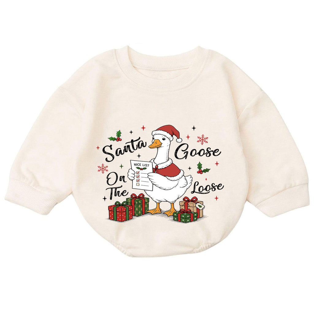 Santa Goose on the Loose Baby Romper, Funny Christmas Goose Outfit, Holiday Nice List Romper, Cute Toddler Goose Xmas Gift — product view 7