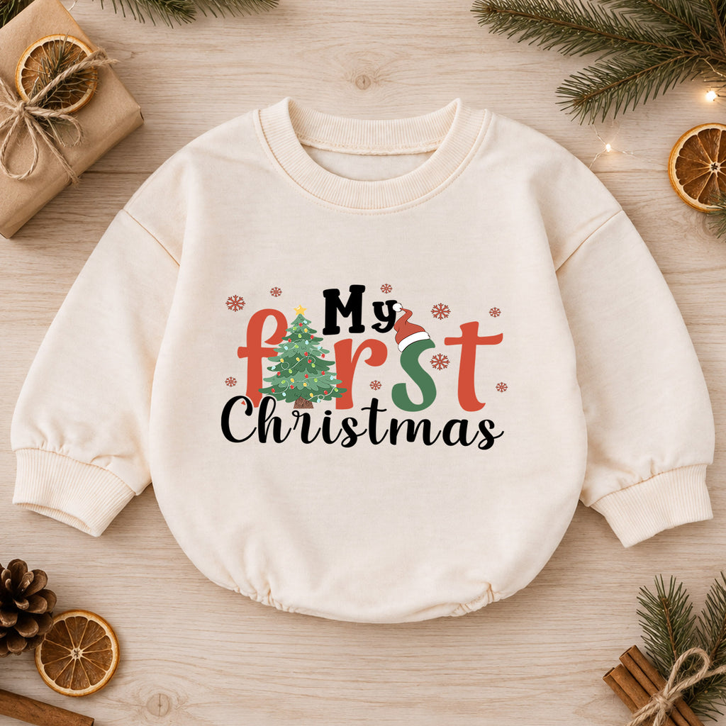 My First Christmas Baby Romper, Christmas Tree Holiday Romper, Baby 1st Christmas & 1st Birthday Outfit, Holiday Keepsake Gift — product view 1