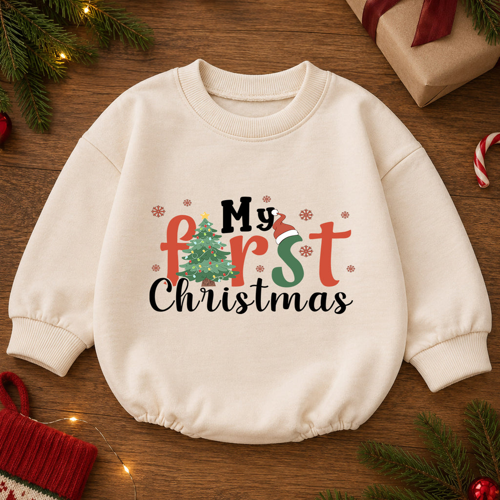 My First Christmas Baby Romper, Christmas Tree Holiday Romper, Baby 1st Christmas & 1st Birthday Outfit, Holiday Keepsake Gift — product view 2