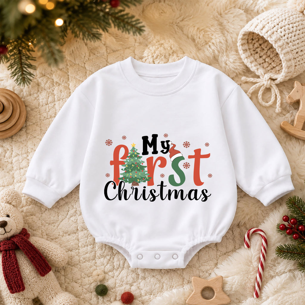 My First Christmas Baby Romper, Christmas Tree Holiday Romper, Baby 1st Christmas & 1st Birthday Outfit, Holiday Keepsake Gift — product view 3