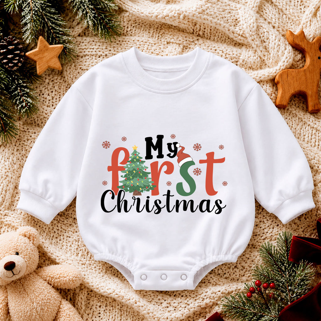 My First Christmas Baby Romper, Christmas Tree Holiday Romper, Baby 1st Christmas & 1st Birthday Outfit, Holiday Keepsake Gift — product view 4