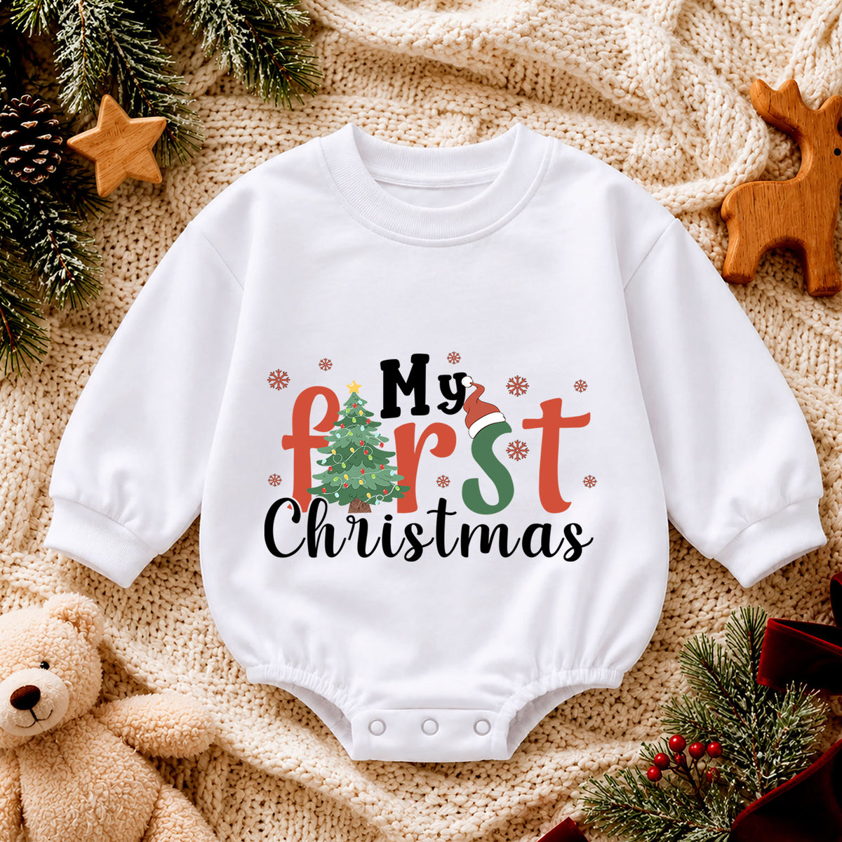 My First Christmas Baby Romper, Christmas Tree Holiday Romper, Baby 1st Christmas & 1st Birthday Outfit, Holiday Keepsake Gift — product view 4