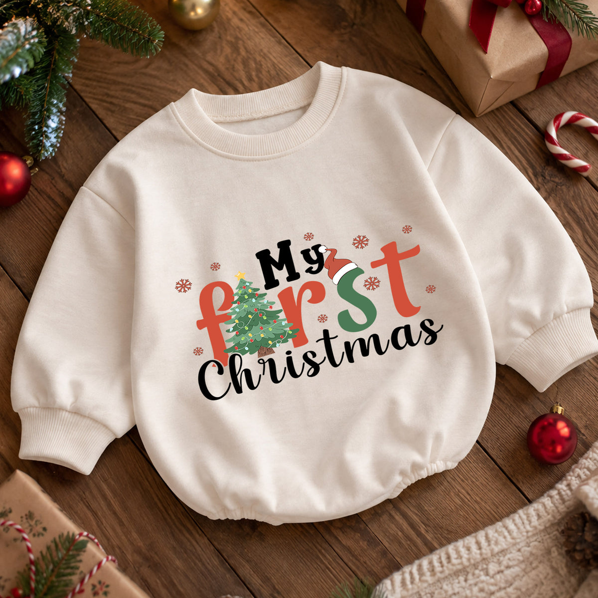 My First Christmas Baby Romper, Christmas Tree Holiday Romper, Baby 1st Christmas & 1st Birthday Outfit, Holiday Keepsake Gift — product view 5