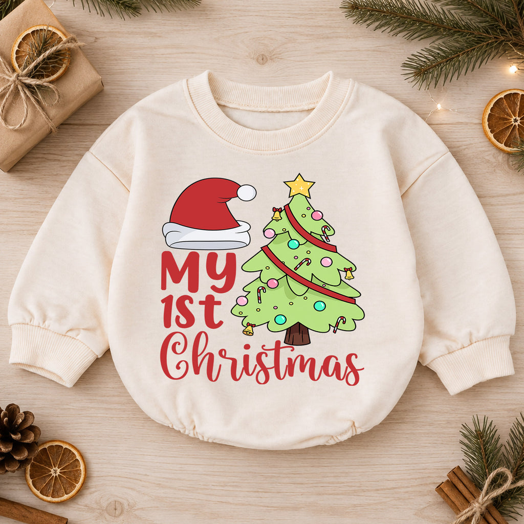 My 1st Christmas Baby Romper, Santa Hat Christmas Tree Romper, Baby First Christmas & 1st Birthday Outfit, Cute Holiday Keepsake Gift — product view 1
