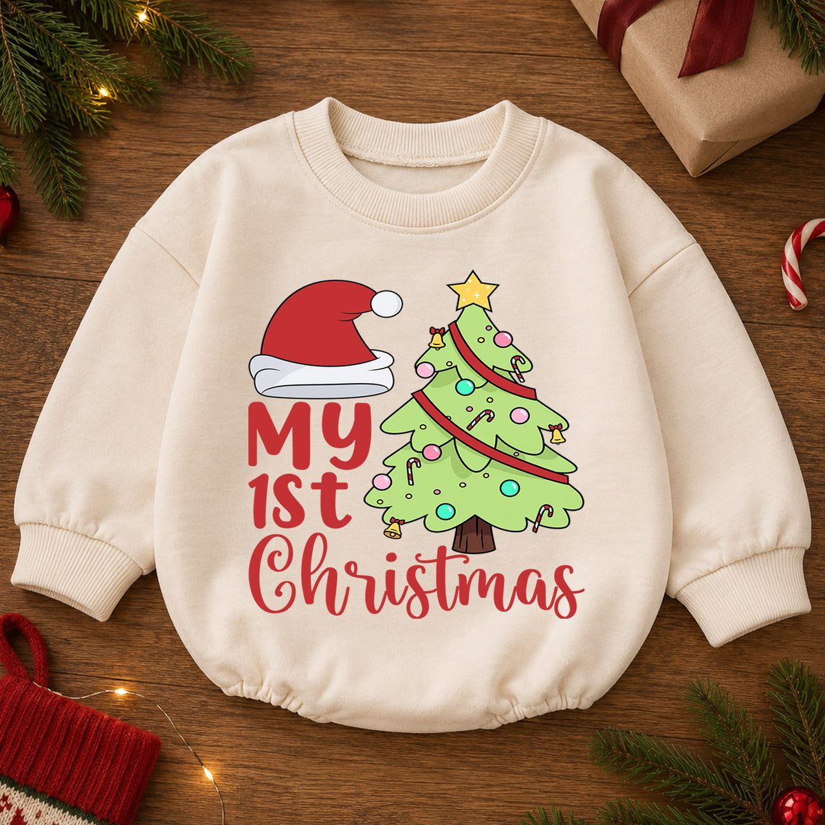 My 1st Christmas Baby Romper, Santa Hat Christmas Tree Romper, Baby First Christmas & 1st Birthday Outfit, Cute Holiday Keepsake Gift — product view 2