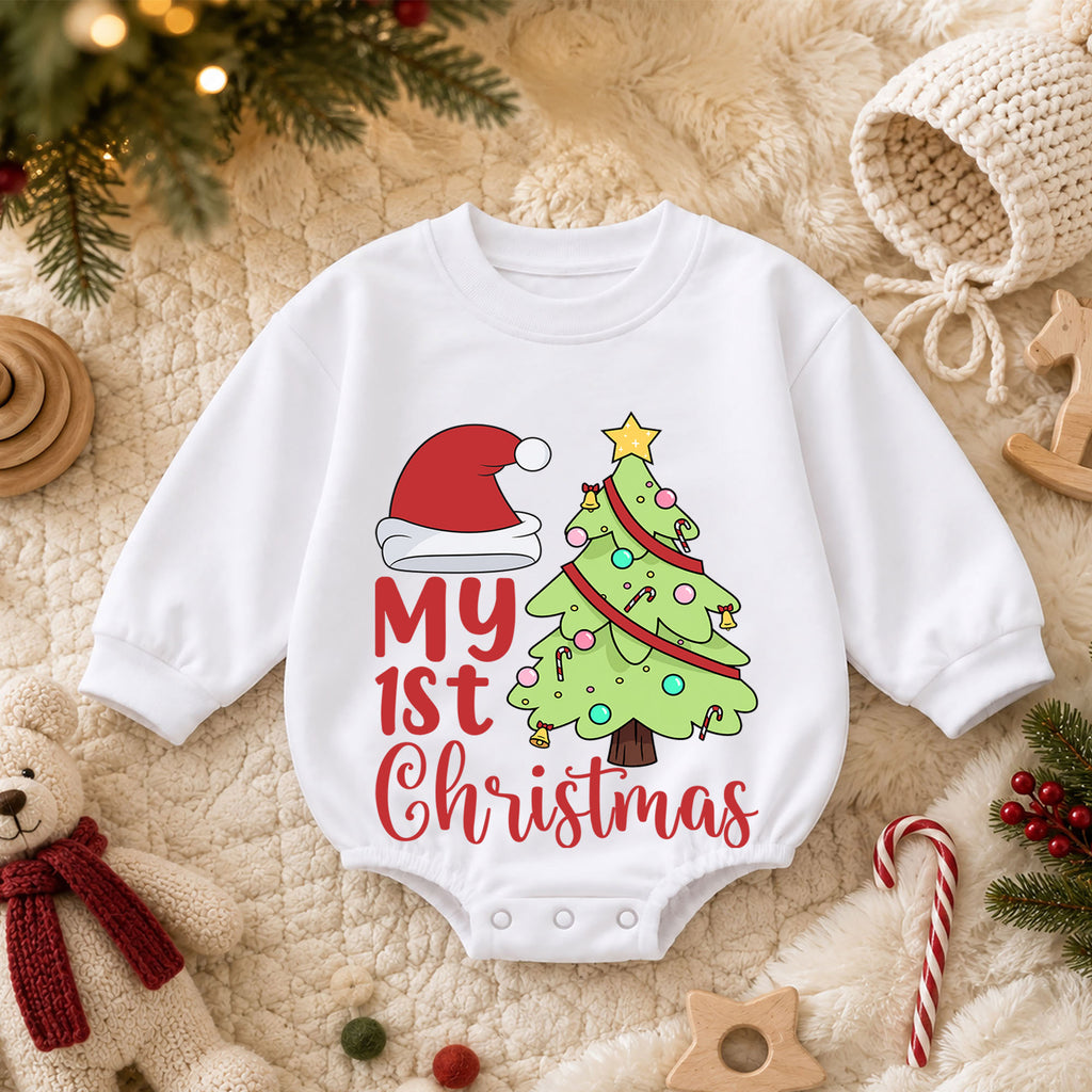 My 1st Christmas Baby Romper, Santa Hat Christmas Tree Romper, Baby First Christmas & 1st Birthday Outfit, Cute Holiday Keepsake Gift — product view 3