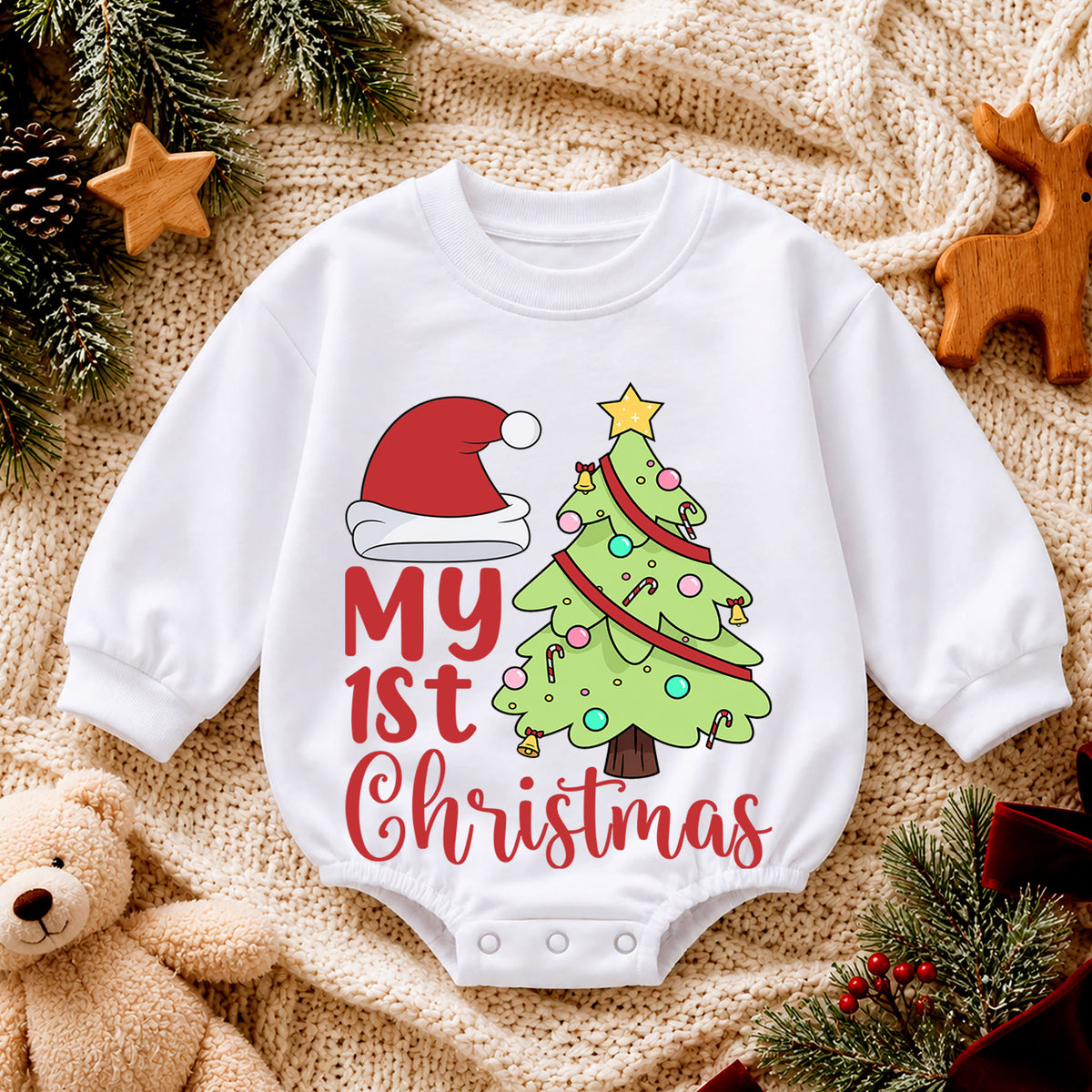My 1st Christmas Baby Romper, Santa Hat Christmas Tree Romper, Baby First Christmas & 1st Birthday Outfit, Cute Holiday Keepsake Gift — product view 4