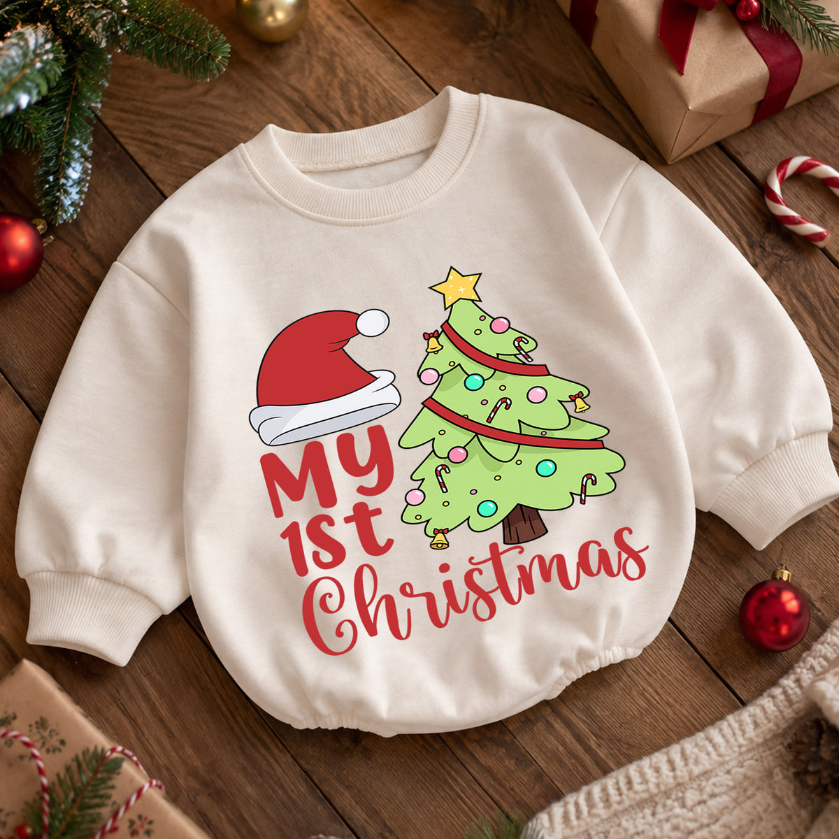 My 1st Christmas Baby Romper, Santa Hat Christmas Tree Romper, Baby First Christmas & 1st Birthday Outfit, Cute Holiday Keepsake Gift — product view 5