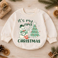 My First Christmas Baby Romper, Vintage Snowman Christmas Romper, Baby 1st Christmas & 1st Birthday Outfit, Retro Holiday Keepsake Gift — product view 1