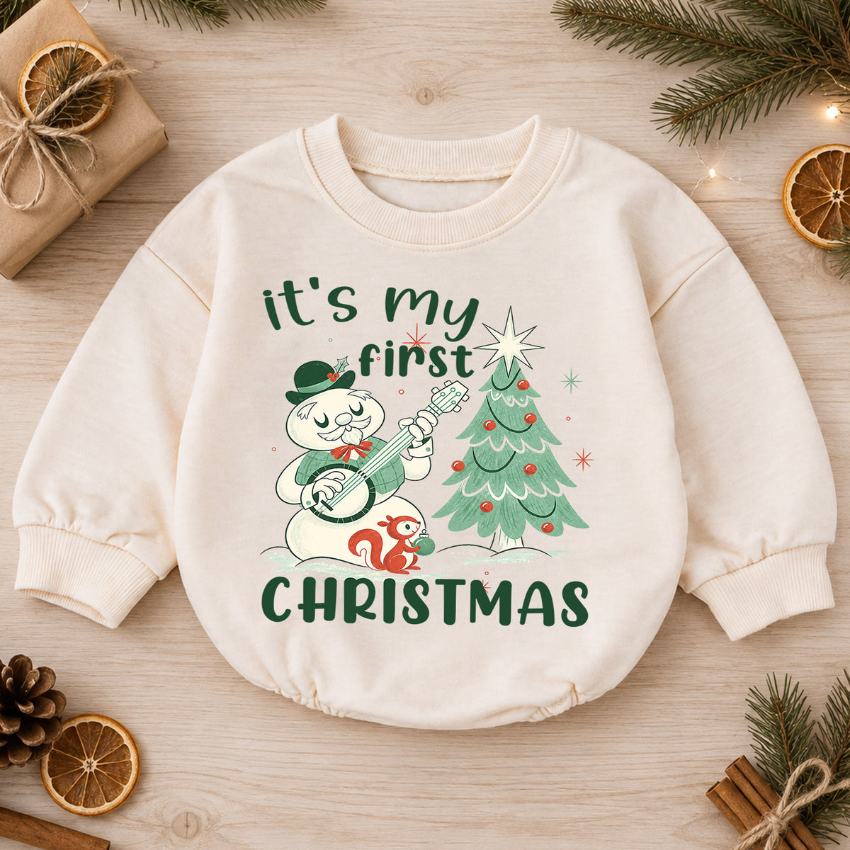 My First Christmas Baby Romper, Vintage Snowman Christmas Romper, Baby 1st Christmas & 1st Birthday Outfit, Retro Holiday Keepsake Gift — product view 1