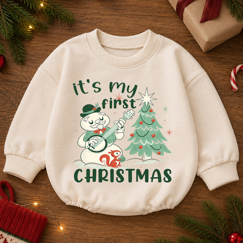 My First Christmas Baby Romper, Vintage Snowman Christmas Romper, Baby 1st Christmas & 1st Birthday Outfit, Retro Holiday Keepsake Gift — product view 2