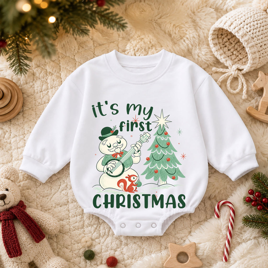 My First Christmas Baby Romper, Vintage Snowman Christmas Romper, Baby 1st Christmas & 1st Birthday Outfit, Retro Holiday Keepsake Gift — product view 3