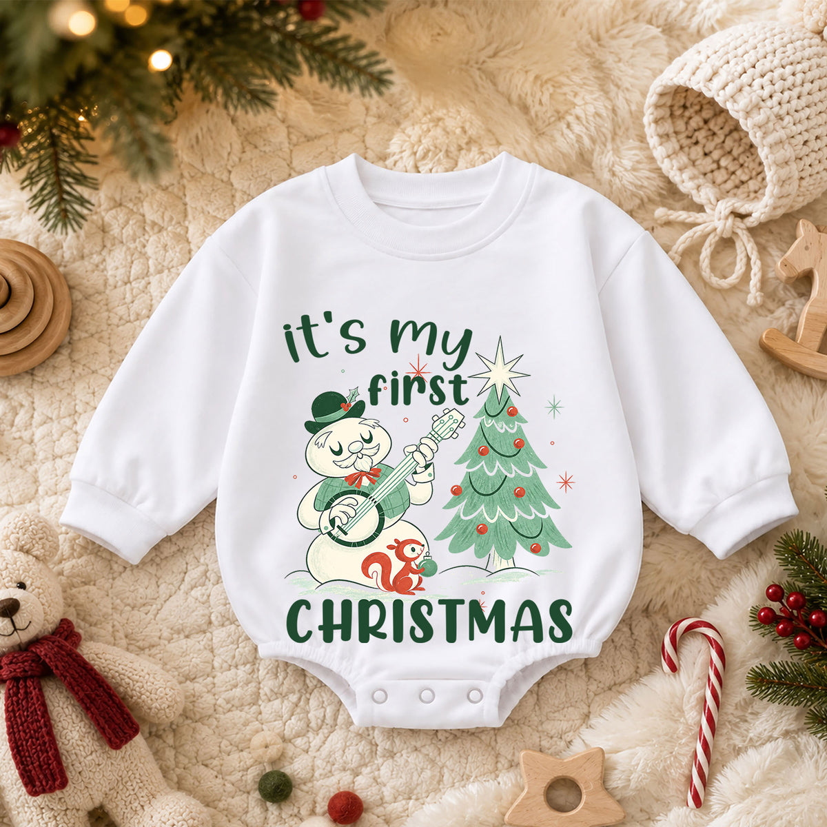 My First Christmas Baby Romper, Vintage Snowman Christmas Romper, Baby 1st Christmas & 1st Birthday Outfit, Retro Holiday Keepsake Gift — product view 3