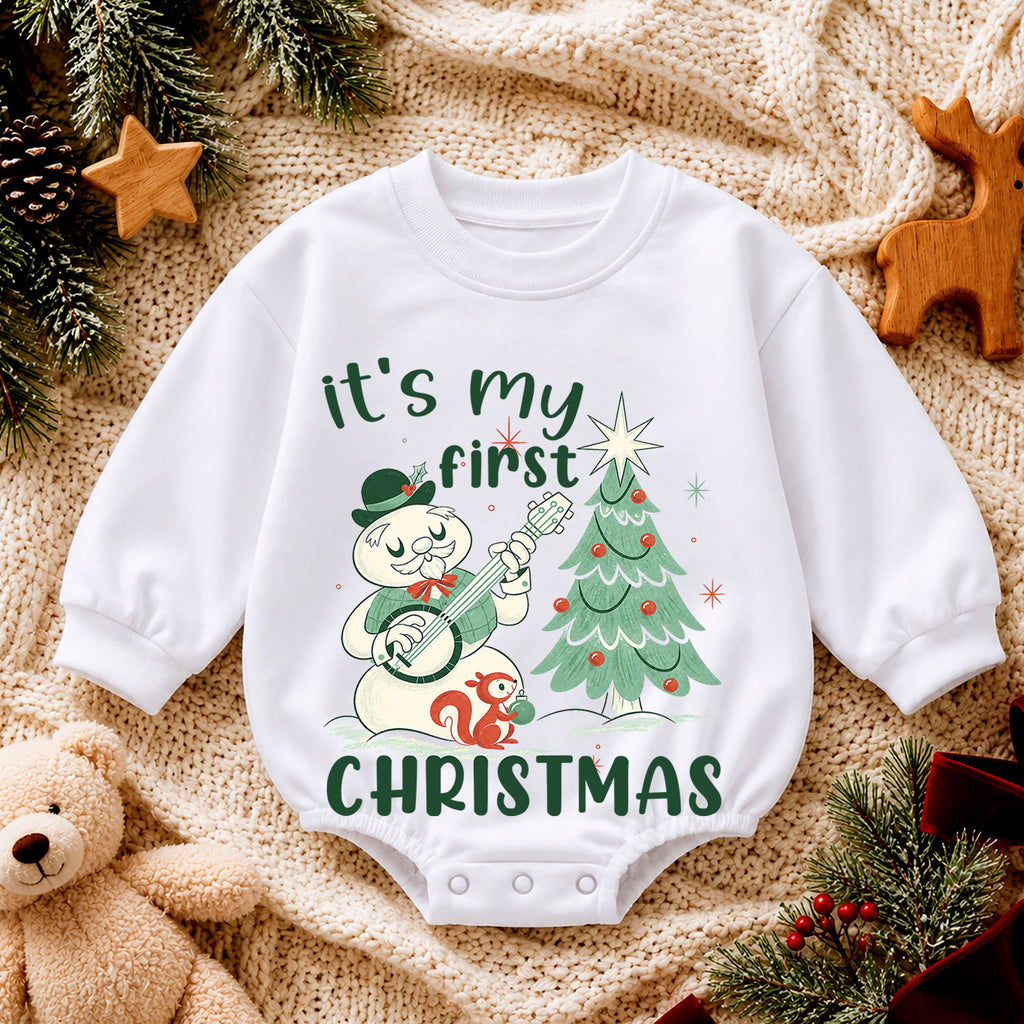 My First Christmas Baby Romper, Vintage Snowman Christmas Romper, Baby 1st Christmas & 1st Birthday Outfit, Retro Holiday Keepsake Gift — product view 4