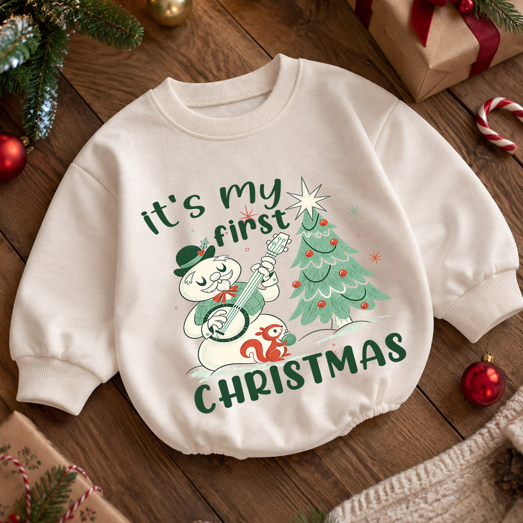 My First Christmas Baby Romper, Vintage Snowman Christmas Romper, Baby 1st Christmas & 1st Birthday Outfit, Retro Holiday Keepsake Gift — product view 5