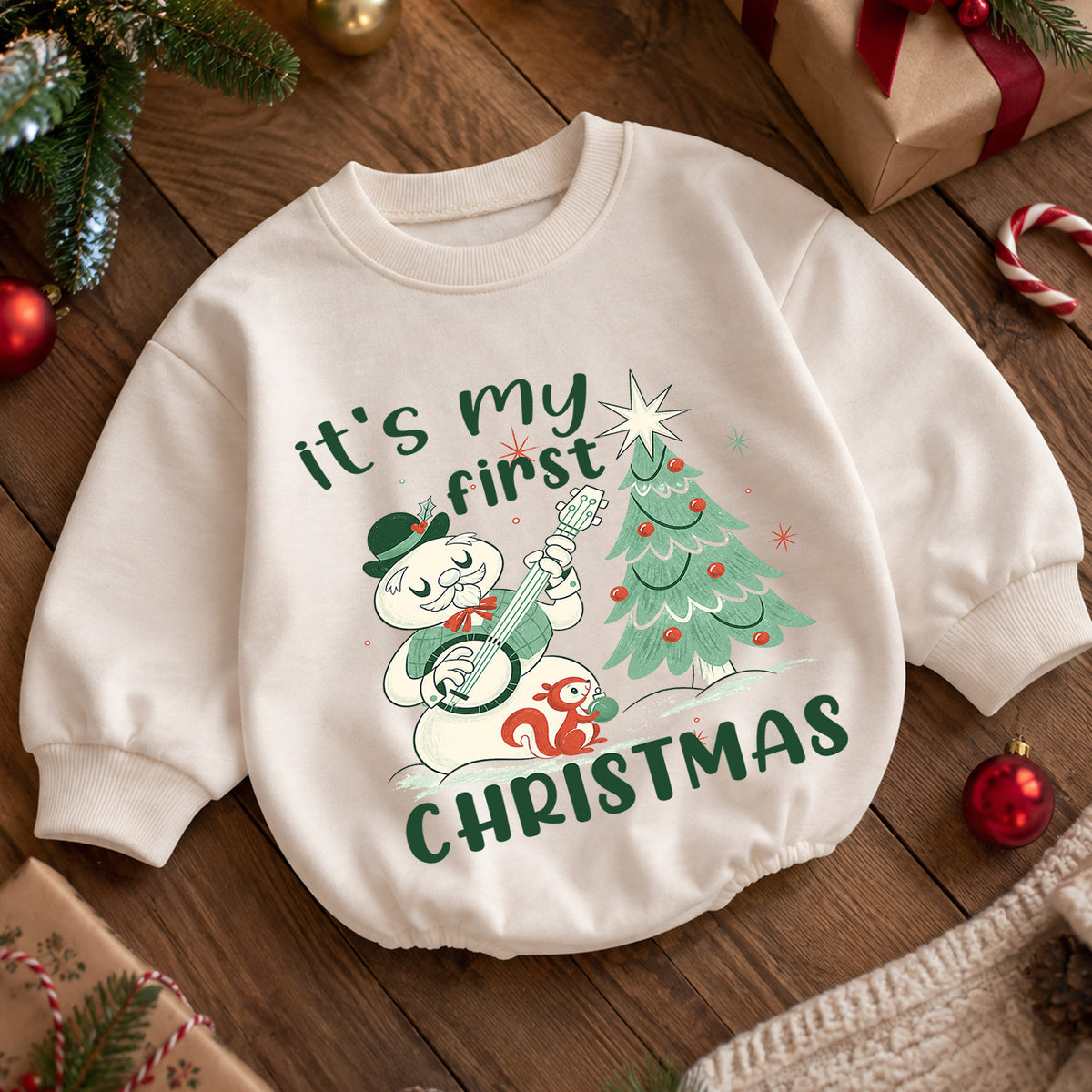 My First Christmas Baby Romper, Vintage Snowman Christmas Romper, Baby 1st Christmas & 1st Birthday Outfit, Retro Holiday Keepsake Gift — product view 5
