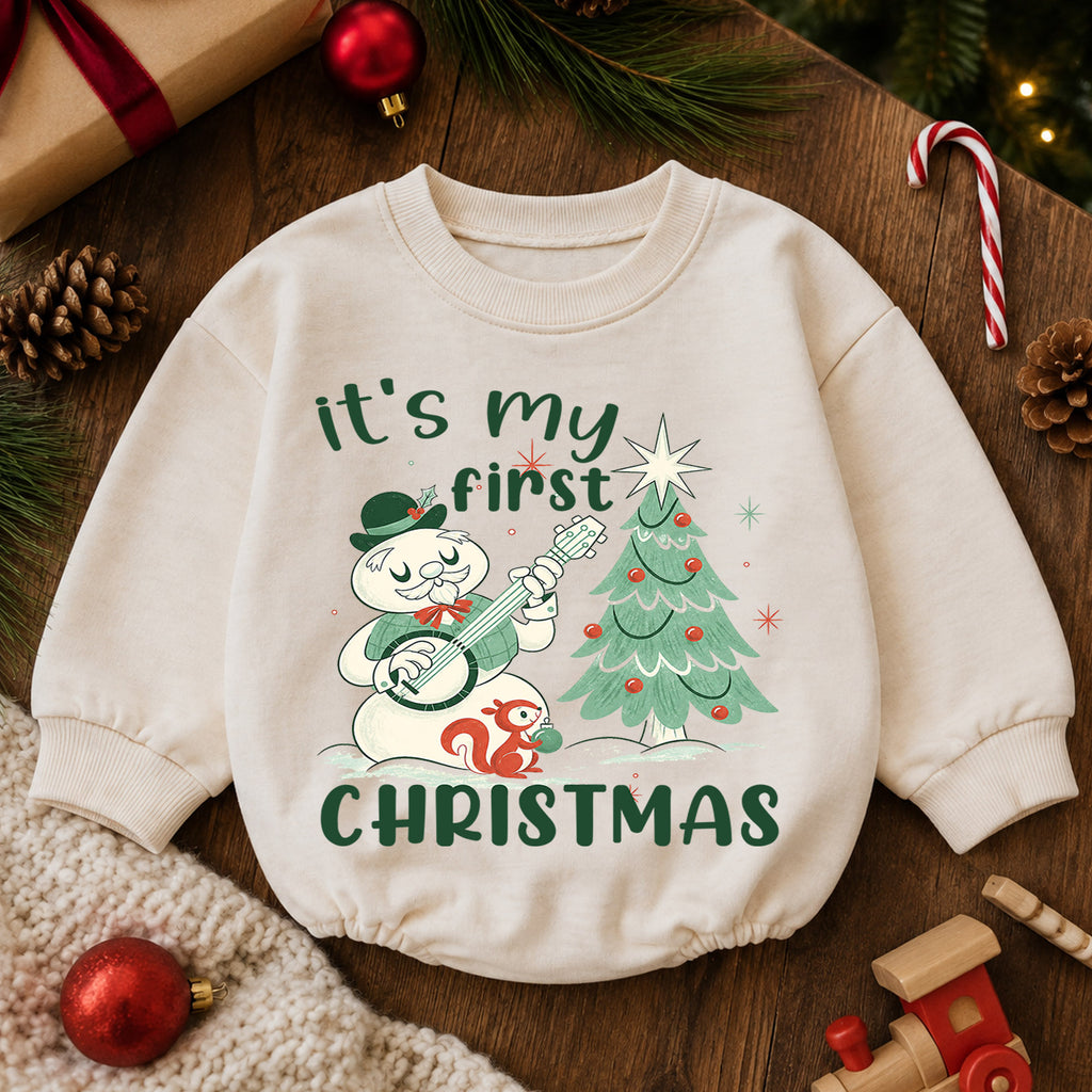 My First Christmas Baby Romper, Vintage Snowman Christmas Romper, Baby 1st Christmas & 1st Birthday Outfit, Retro Holiday Keepsake Gift — product view 6