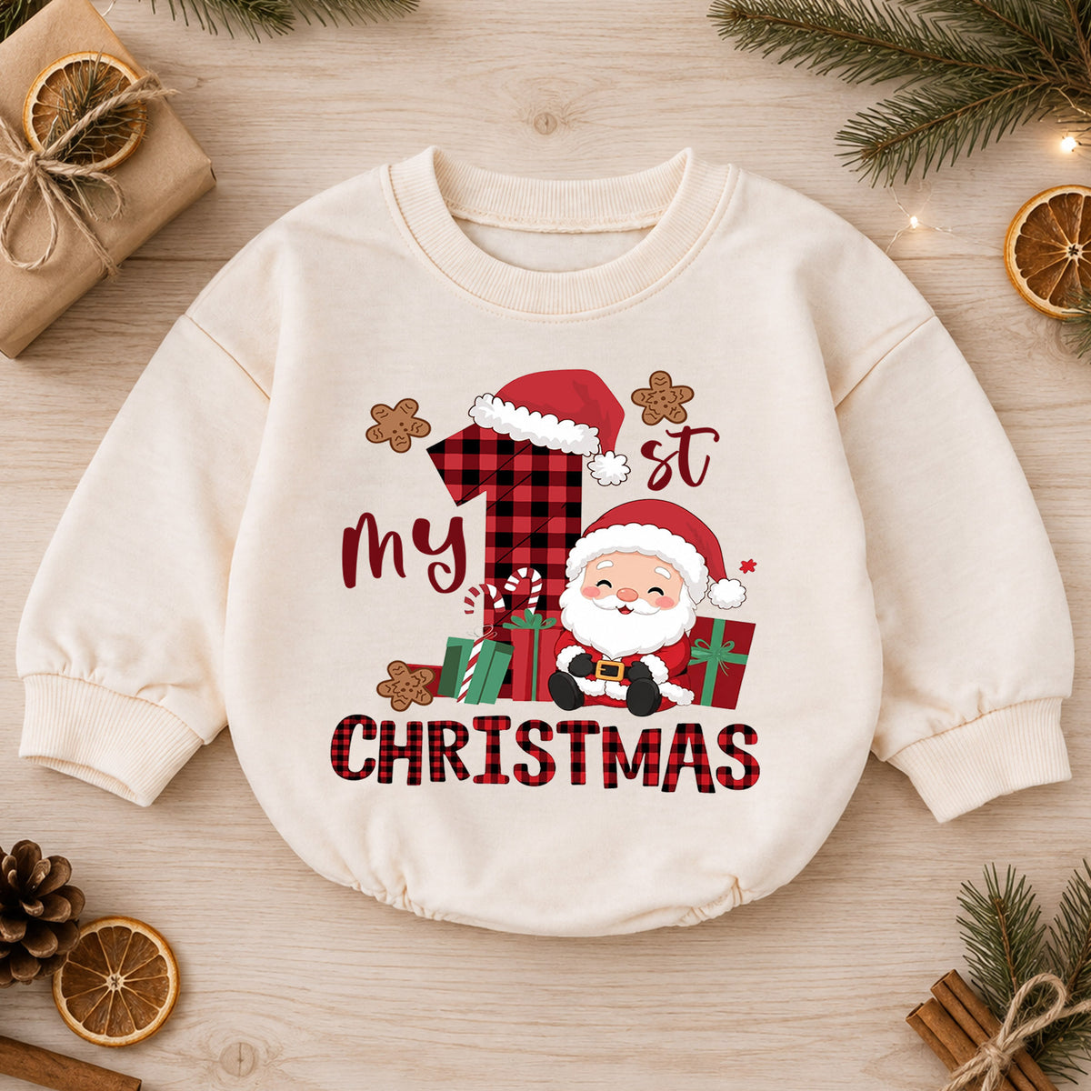 My First Christmas Baby Romper, Buffalo Plaid Santa Outfit, Cute Holiday Romper, Toddler Xmas Gift, Baby 1st Birthday Keepsake — product view 1