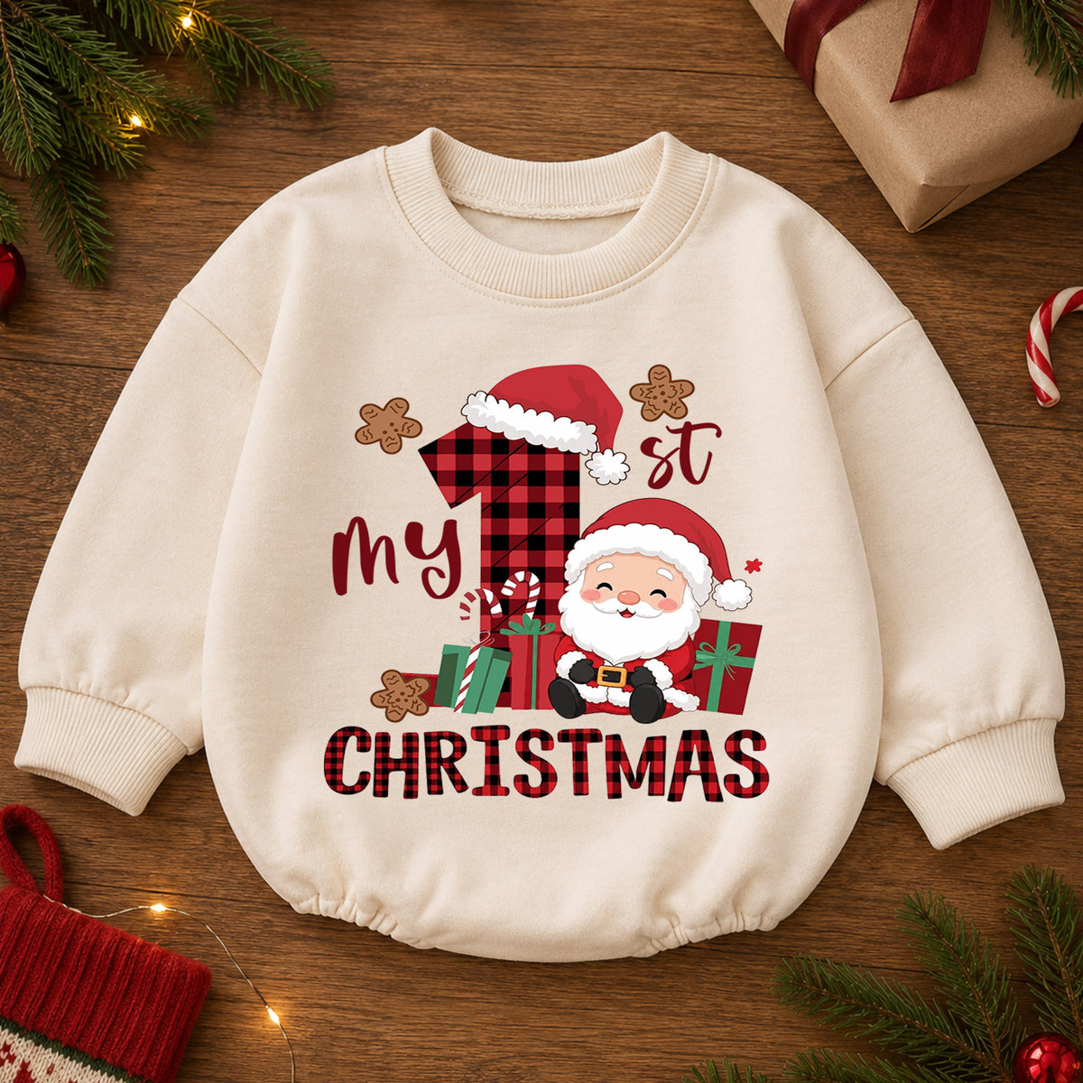 My First Christmas Baby Romper, Buffalo Plaid Santa Outfit, Cute Holiday Romper, Toddler Xmas Gift, Baby 1st Birthday Keepsake — product view 2
